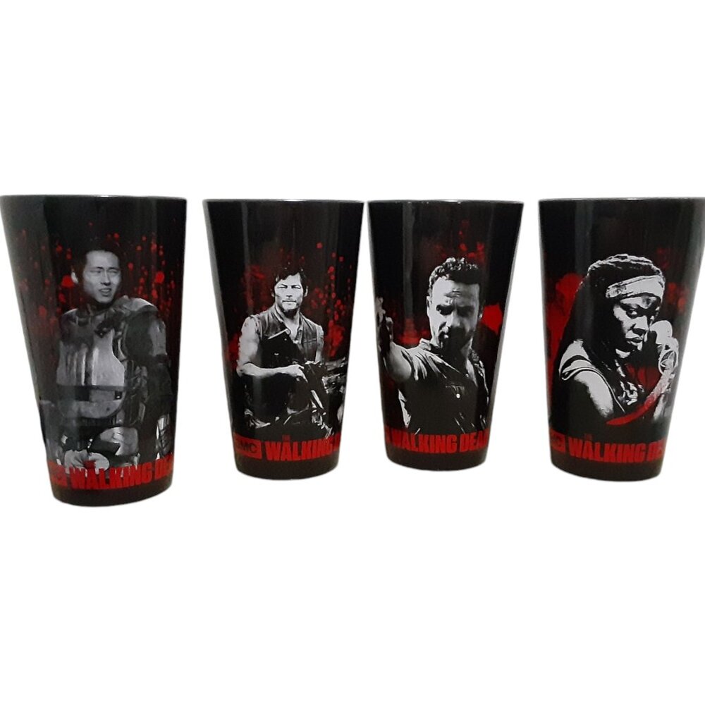 Set of 4 The Walking Dead AMC Pint Glasses Daryl Rick Michonne Glenn Blood 2015